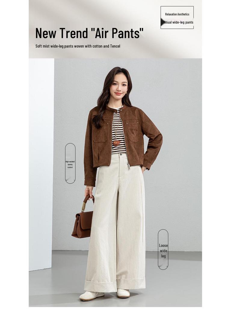 Xin Ge Women's Spring Tencel Cotton High Waist Wide Leg Pants with a Lazy Style Design