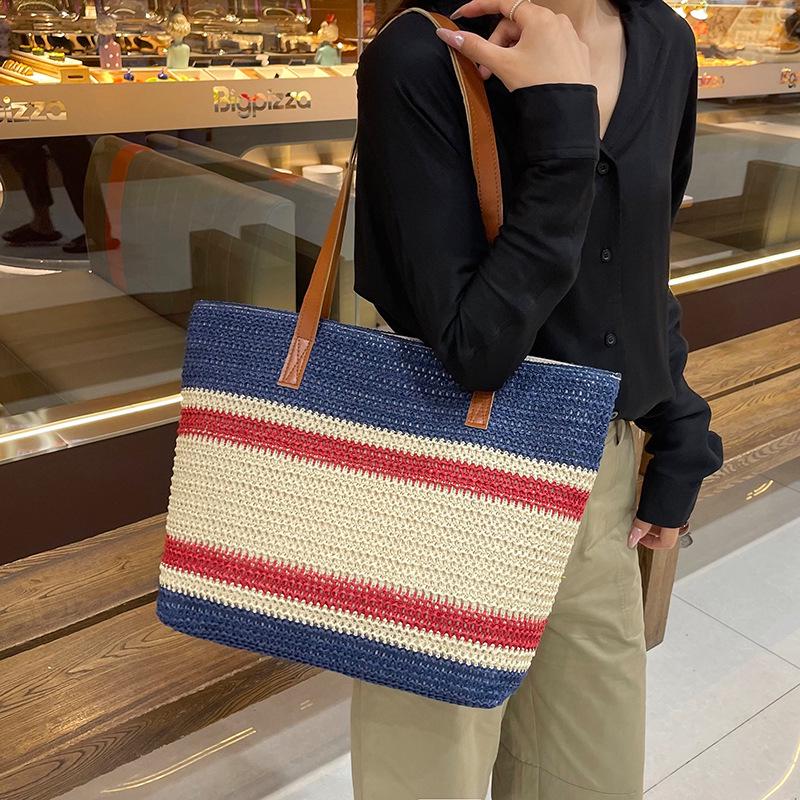 Striped Straw Woven Tote Bag - Large Capacity Beach Vacation Shoulder Bag