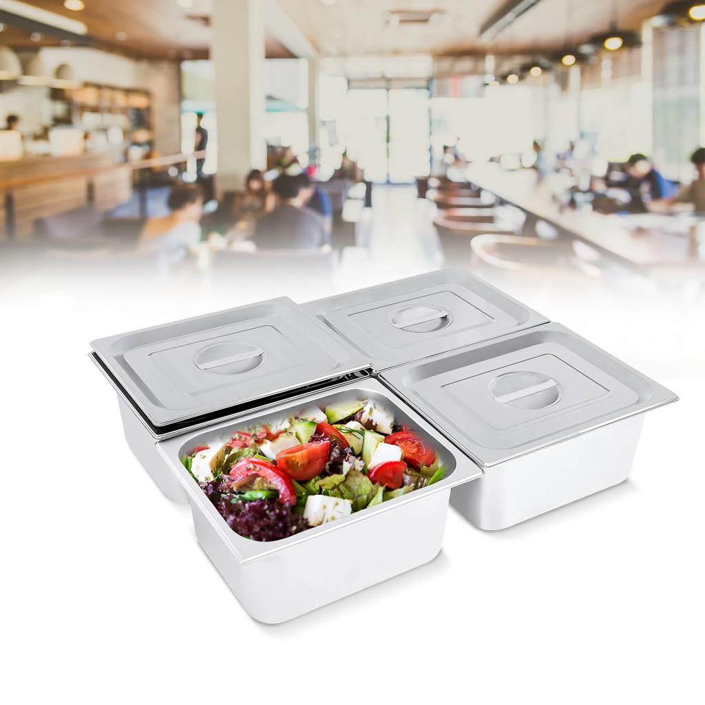 4pcs Stainless Steel Steam Hotel Pans for Buffet, Catering, 1/2 Size X 6" Deep, 7L Each Commercial Grade, Anti-Jam Design W/ Lid