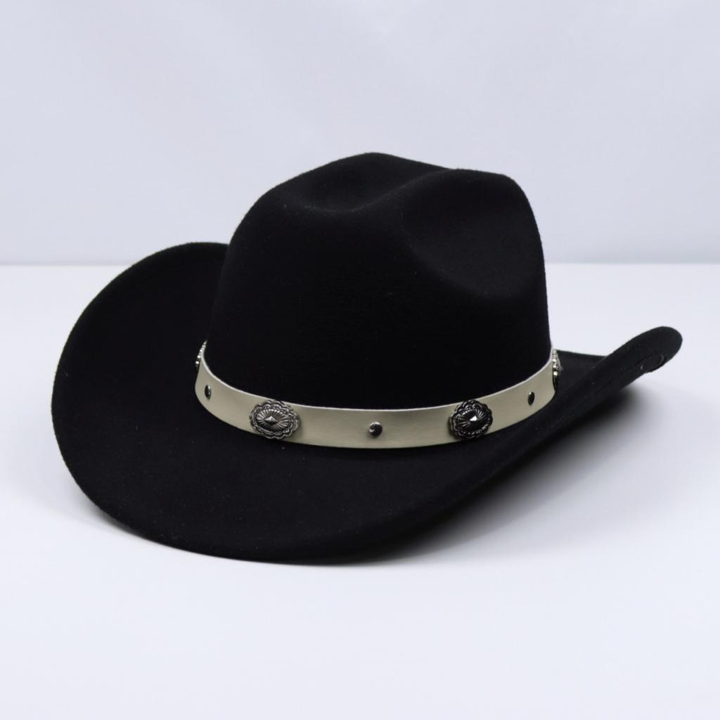 Men's and women's Panama-style soft felt cowboy hat with metal flower shape and white leather belt, suitable for parties
