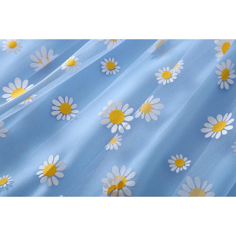 Women's Fashion Daisy Printed Mesh Dress Summer Double Elastic Waist Holiday Suspender Dress Beach Skirt