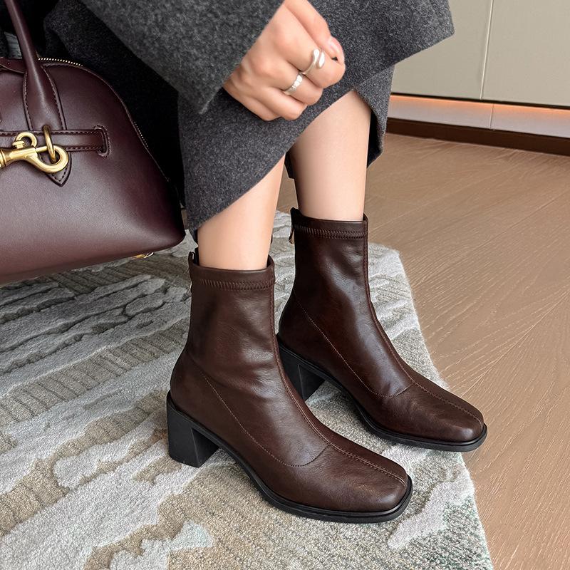 6.5CM British style fashion simple temperament thin boots autumn new square head thick heel rear zipper commuting short boots