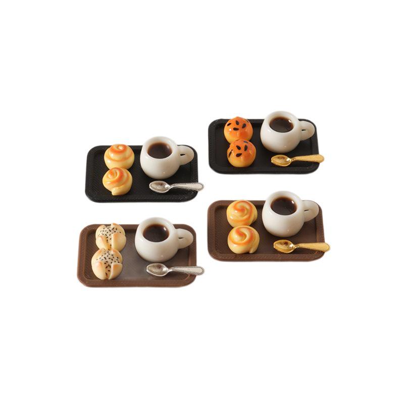 Miniature Dollhouse Food Ornaments: Bread, Coffee Cup & Tray Decor Accessories