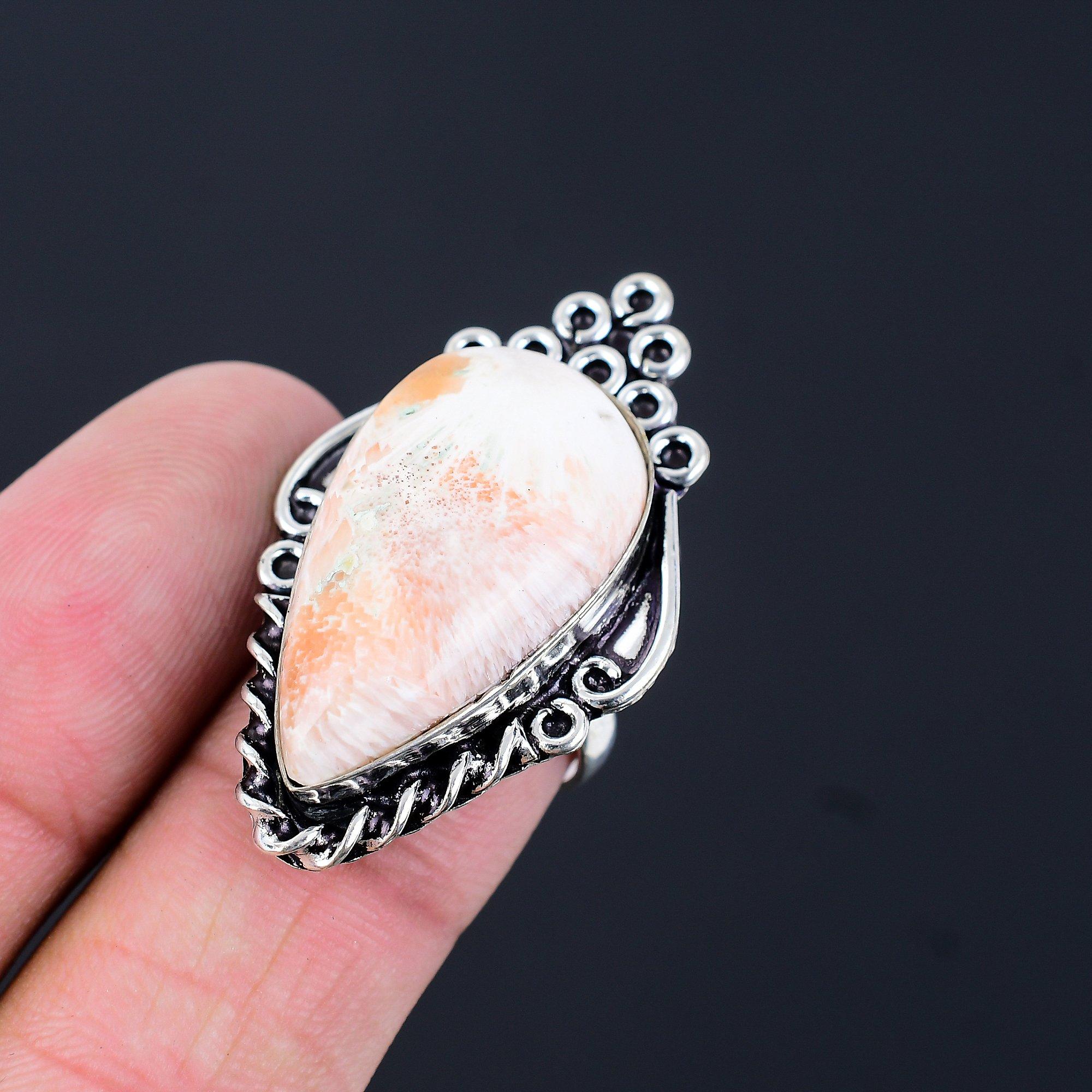 925 Silver Pear Natural Scolecite Artisan Promise Anniversary Daughter Ring US 7 7