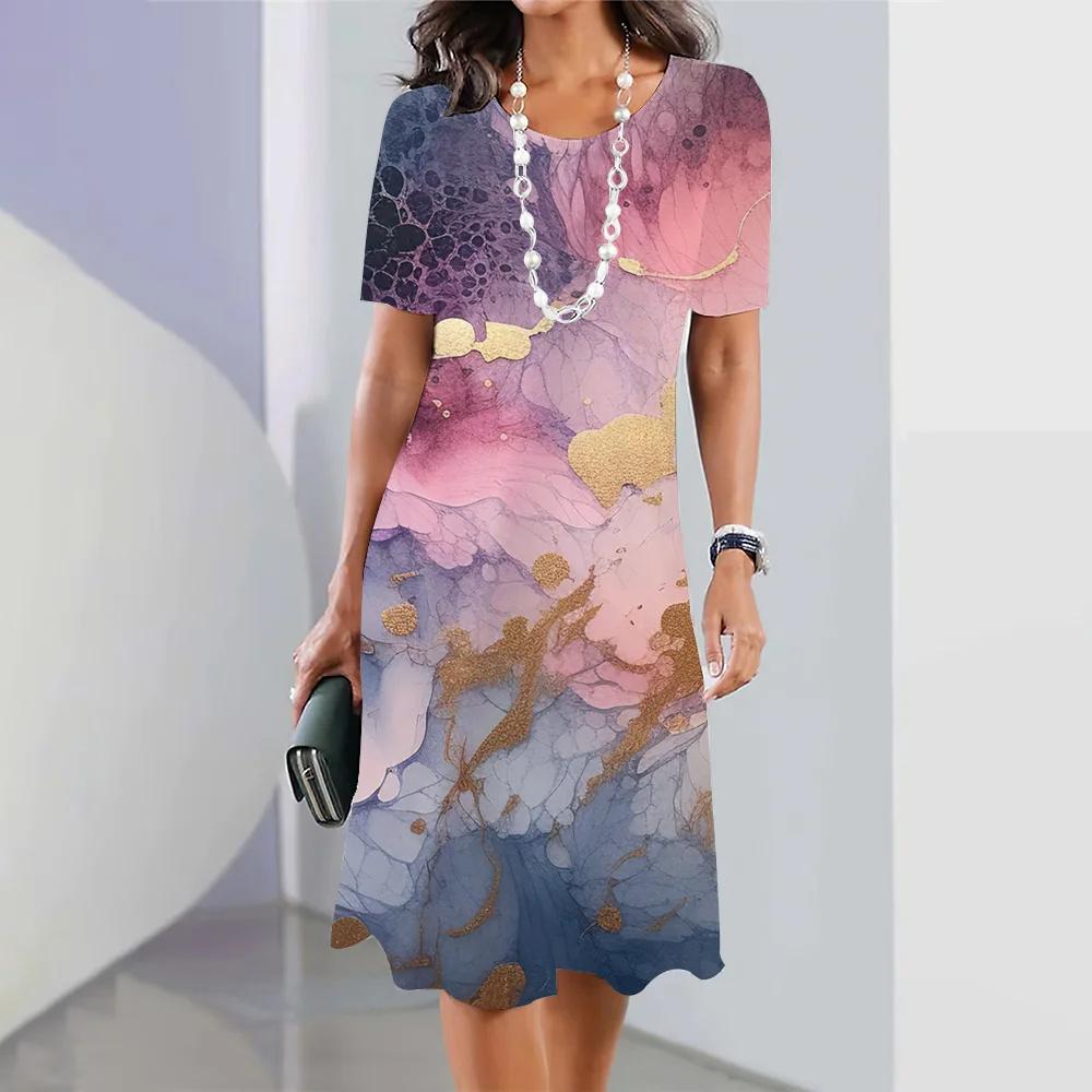 Fashion Women's Clothes Striped Printed Dress Women's Elegant and Cute Party Dress Summer Short-sleeved Pullover Color Impact Dress