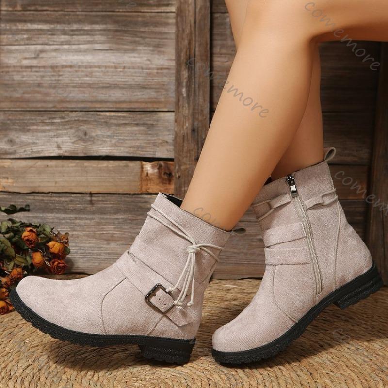 Fashion Comemore Women Retro Platform Buckle Round Toe Ankle Boots Autumn Side Zipper Woman Thick Sole Suede Short Solid Botas Mujer