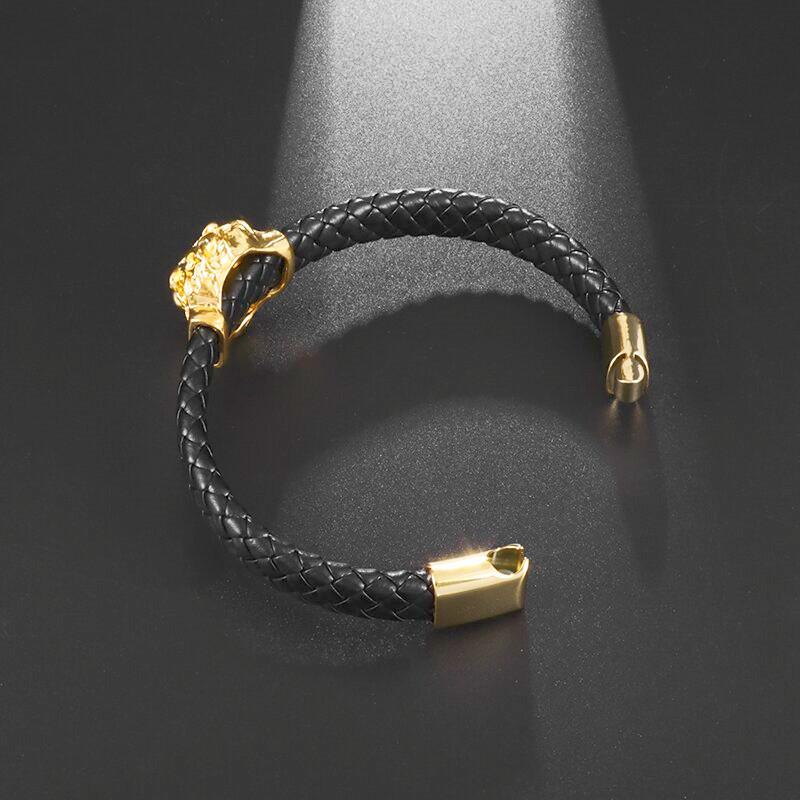 New Punk Style Lion Head Single Layer Handwoven Leather Bracelet Men\'s Domineering Animal Lion Bracelet Casual Jewelry Gift