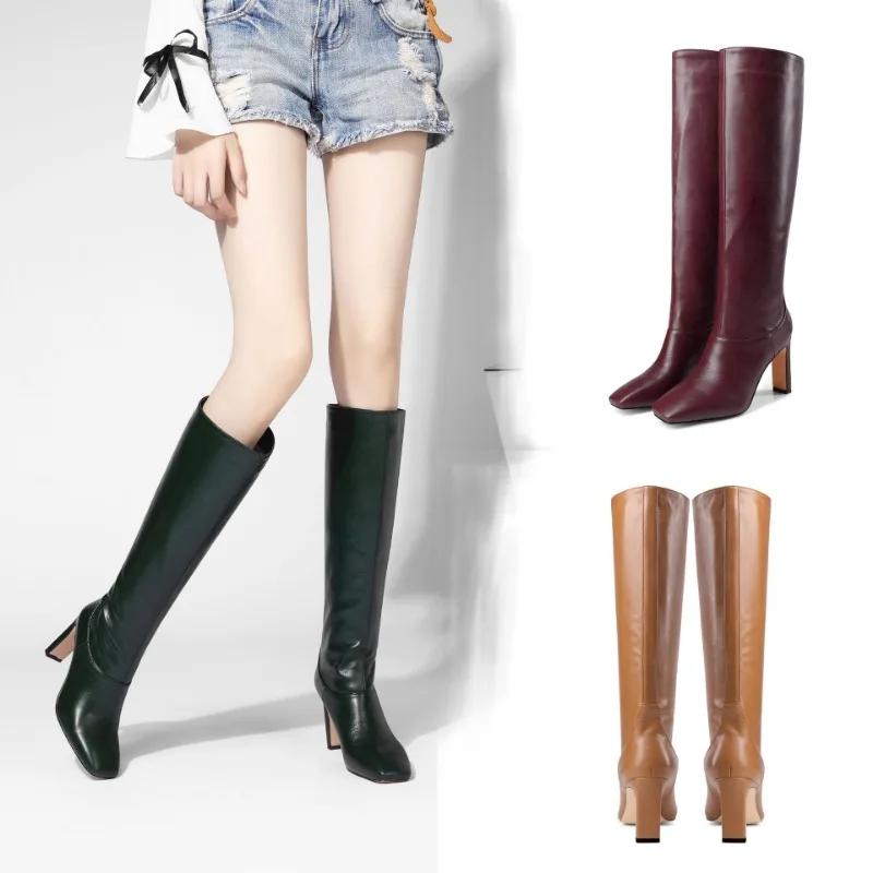 Fashion New Square Toe Square Heel Simple Black Beige Brown Knee High Boots European American Fashion Commute Women's Boots Size 35-43