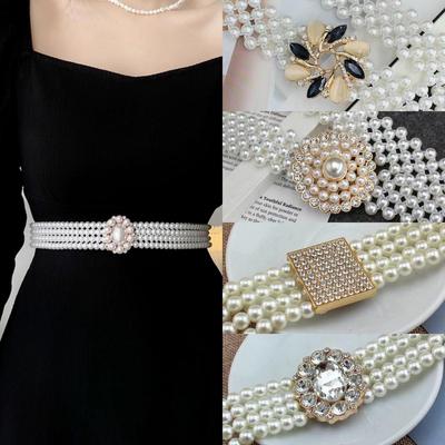 Women's Korean Style Pearl & Rhinestone Elastic Waistband for Dresses and Sweaters