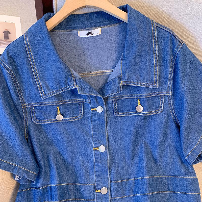 Plus Size Women's Denim Dress Short Summer Thin Thin Polo Collar Work Dress