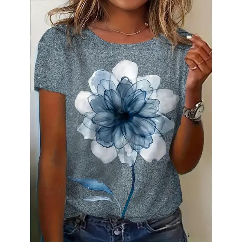 Summer Casual Style Round Neck Pullover Short Sleeved Top with 3D Floral Pattern Printed Women's T-shirts