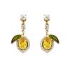 1Pair Elegant Rhinestone Lemon-Shaped Drop Earrings for Women, Gold Tone Yellow Crystal & Green Enamel Leaf Earrings, Cute Fruit Design Statement 