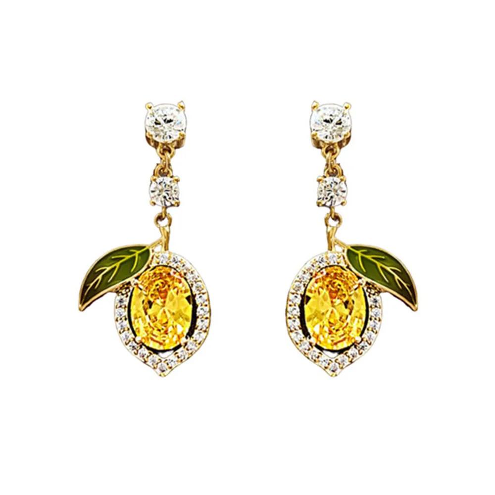 1Pair Elegant Rhinestone Lemon-Shaped Drop Earrings for Women, Gold Tone Yellow Crystal & Green Enamel Leaf Earrings, Cute Fruit Design Statement