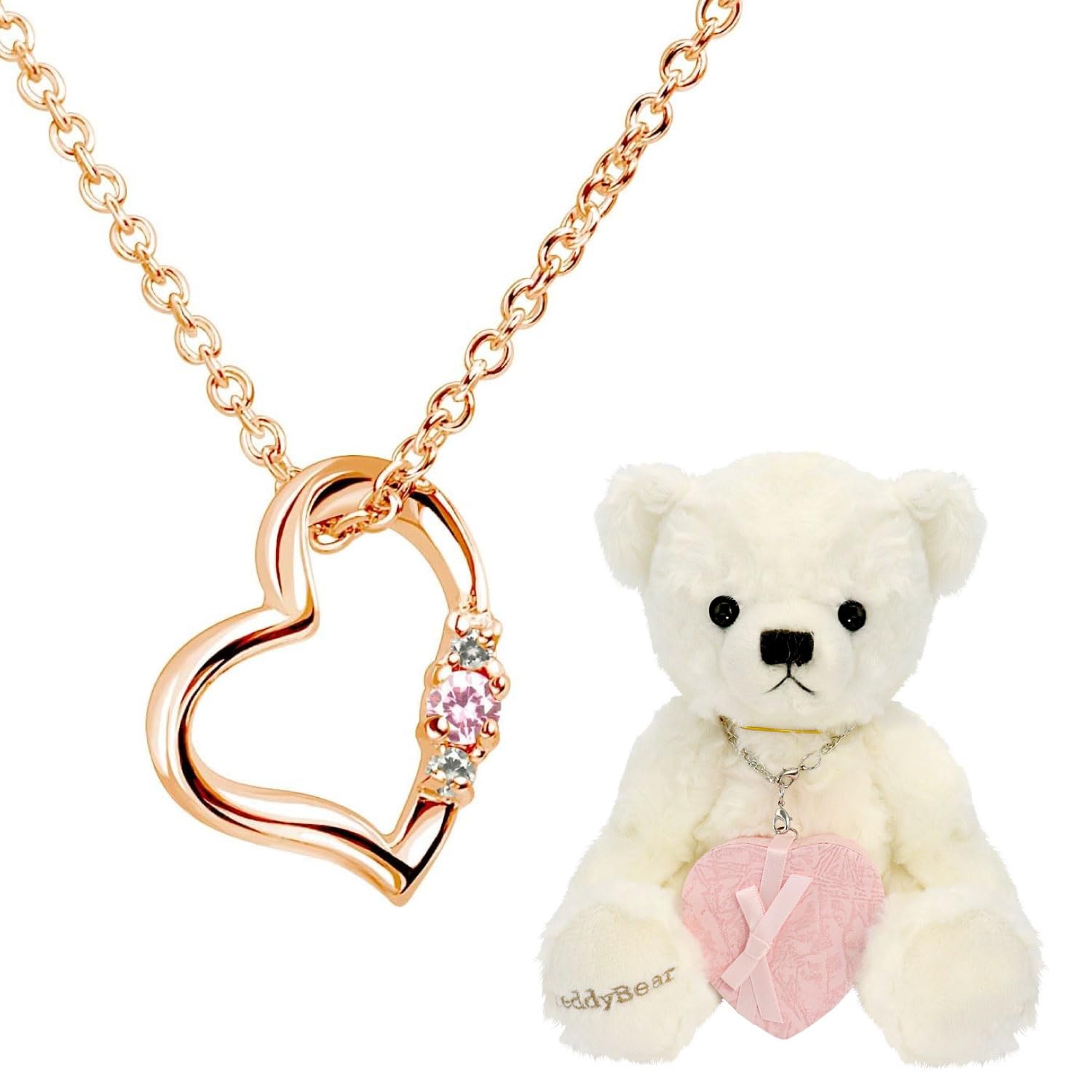 

[Sears] Natural Diamond Love Heart Necklace for Women, Pink Color, October Birthstone, Pink Tourmaline, Pearl White, Bear Design, 1491p-tdt-01-w10