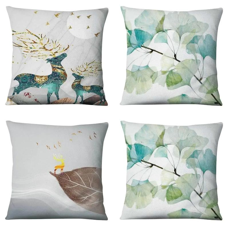 Home Decor Deer & Ginkgo Leaf Pattern Cushion Covers Pattern Cushion Cover Suitable For Sofa Bedroom Car Pillow Cover