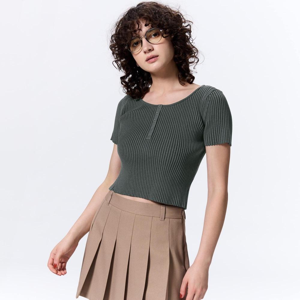 

Свитер GU by Uniqlo в рубчик с горловиной и короткими рукавами