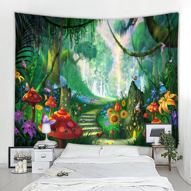 Sonnenschein Wald Landschaft Wandteppich Home Decor Wandteppich Fantasie Pilz Landschaft Mandala Böhmische Wanddekoration Wandteppich