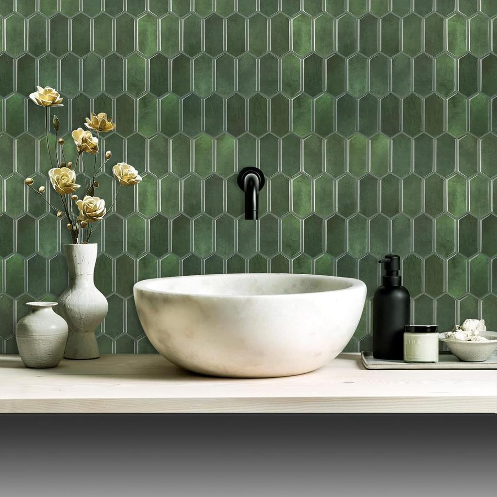 Long Hexagon Peel and Stick Tiles Backsplash,10-Sheet 3D Self Adhesive Wall Tile BackSplash 12 x 12 Inch for Kitchen,Bathroom(Green).
