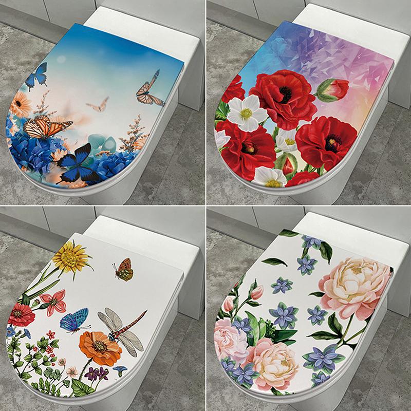 Adesivos de Vaso Sanitário com Padrão de Borboleta e Flor Rosa Adesivos de Decoração para Banheiro Pinturas Autoadesivas Adesivo de PVC Removível