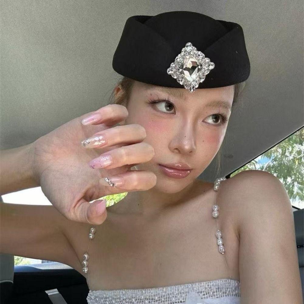 Flat-top Wool Beret Hat Rhinestone Flight Attendant Hat Fashion Topper Hat  Cocktail Party