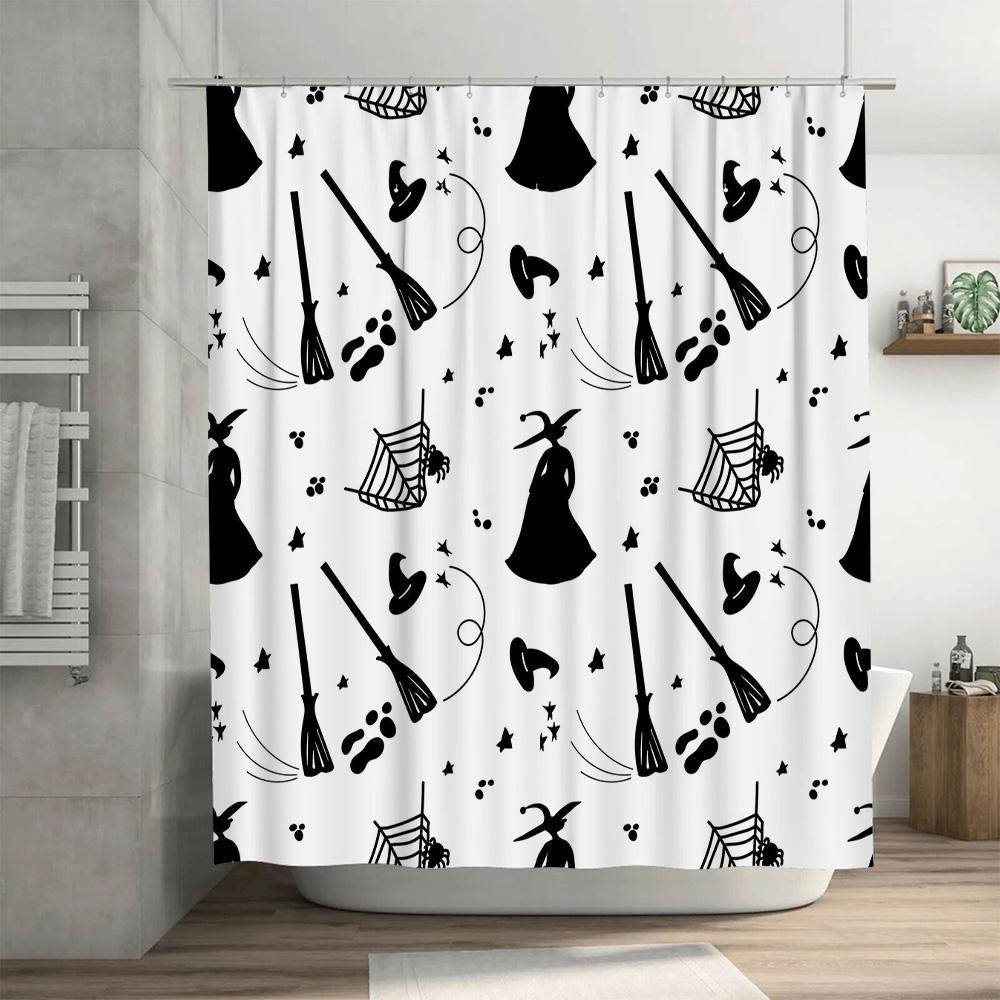 Halloween-Themed Shower Curtain With Witch Hat Broomsticks, Perfect For Spooky Bathroom Decor! Easy Installation, Washable Fabri