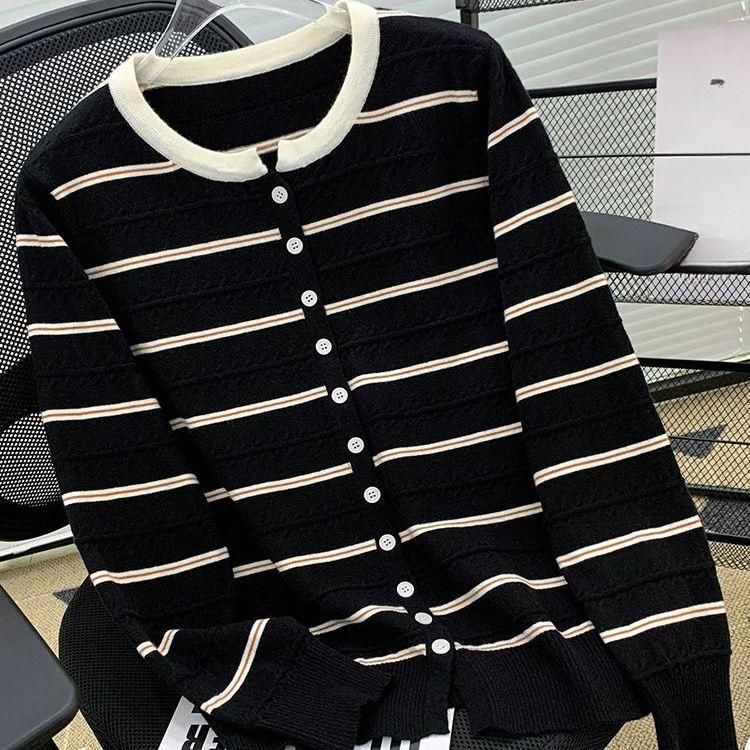 Colorblocking Gestreifter Rundhals Langarm Strick-Cardigan für Herbst und Winter