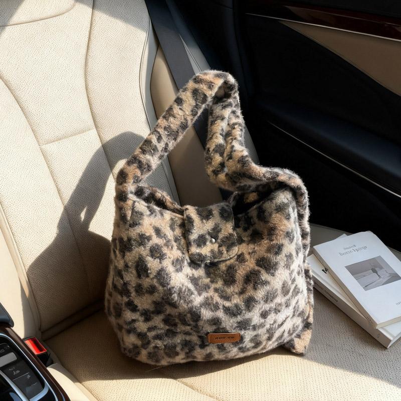 Leopard Print Fur Bag Women's Shoulder Crossbody Bag Vintage Tote Bag