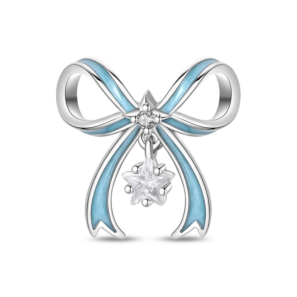 925 Silver Pink Bow Charms Earrings Rings Christmas Bell Pendant for DIY Jewelry Gift