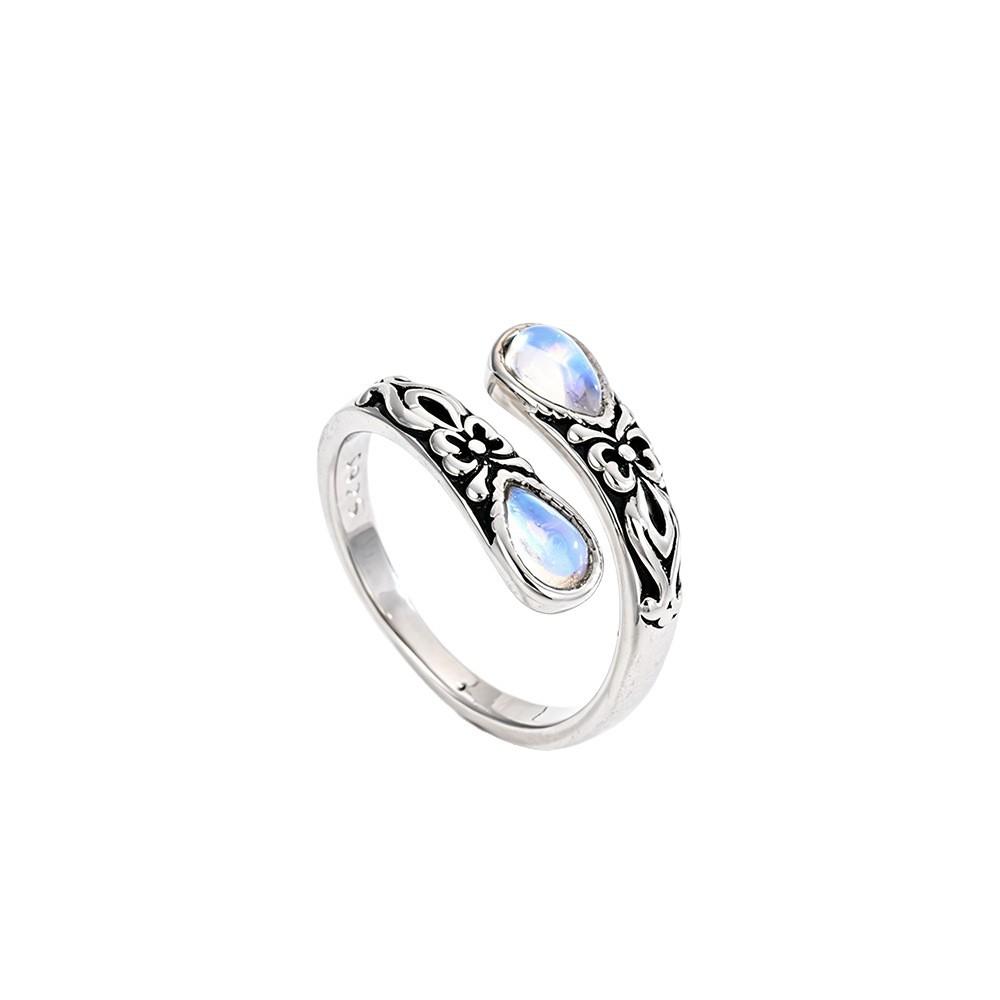 European and American Moonstone Pear-shaped Ring Female Victorian Retro Relief Bow Bosnian Style Ring