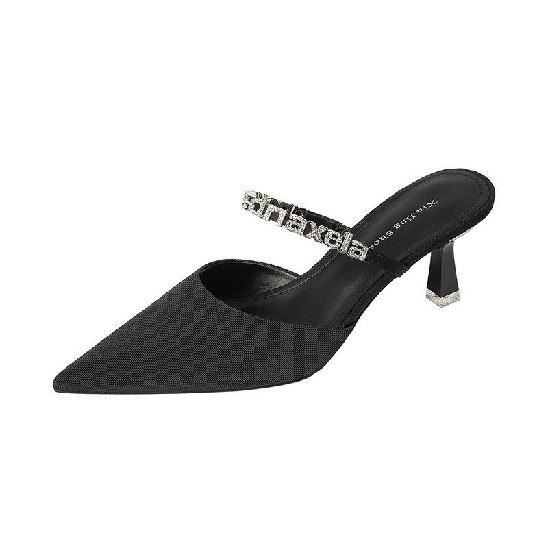 699-19 Baotou Half-drag Sandals Women's 2025 New Temperament Rhinestone Outer Wear High Heels Pointed Thin Heels Women's Shoes