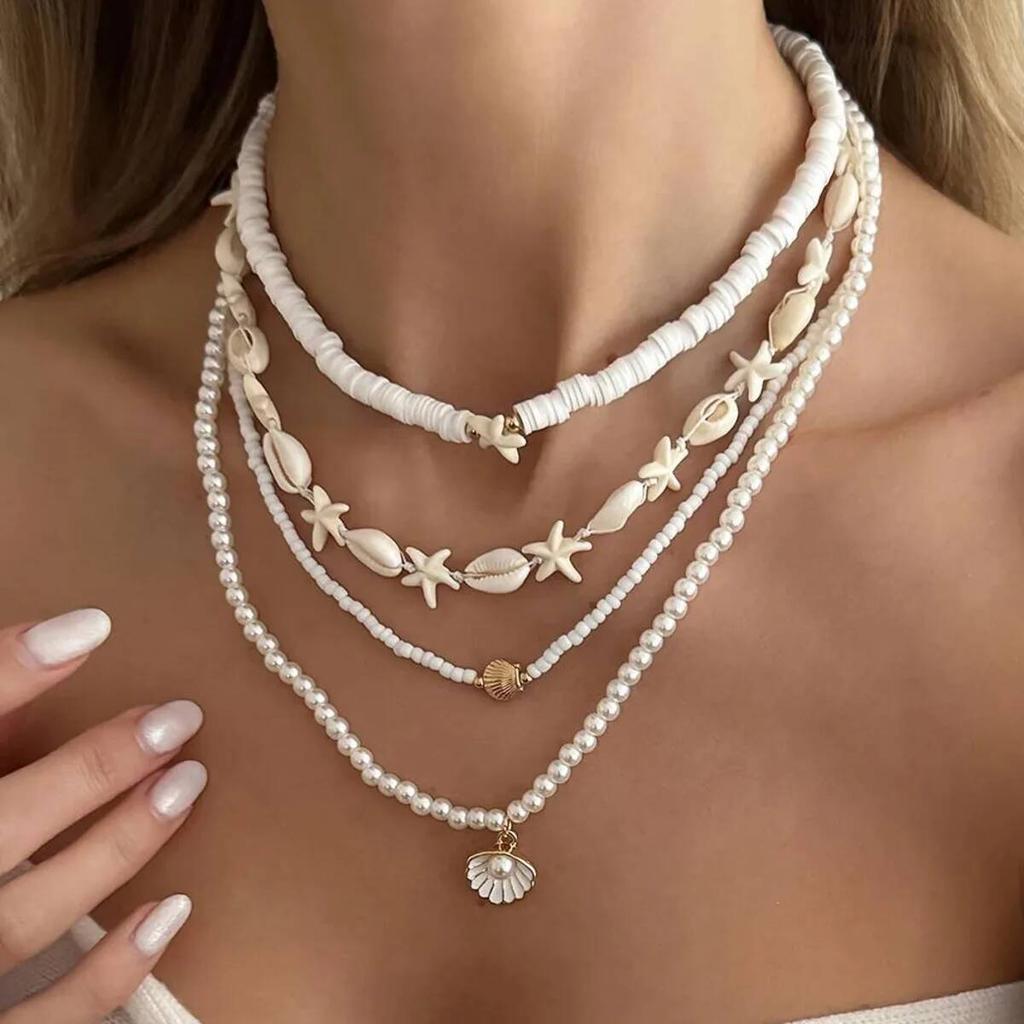 SHIXIN 4Pcs Boho Exquisite Imitation Pearl Scallop Starfish Pendant Necklace Women New Charm Clavicle Bead Chain Jewelry Gifts