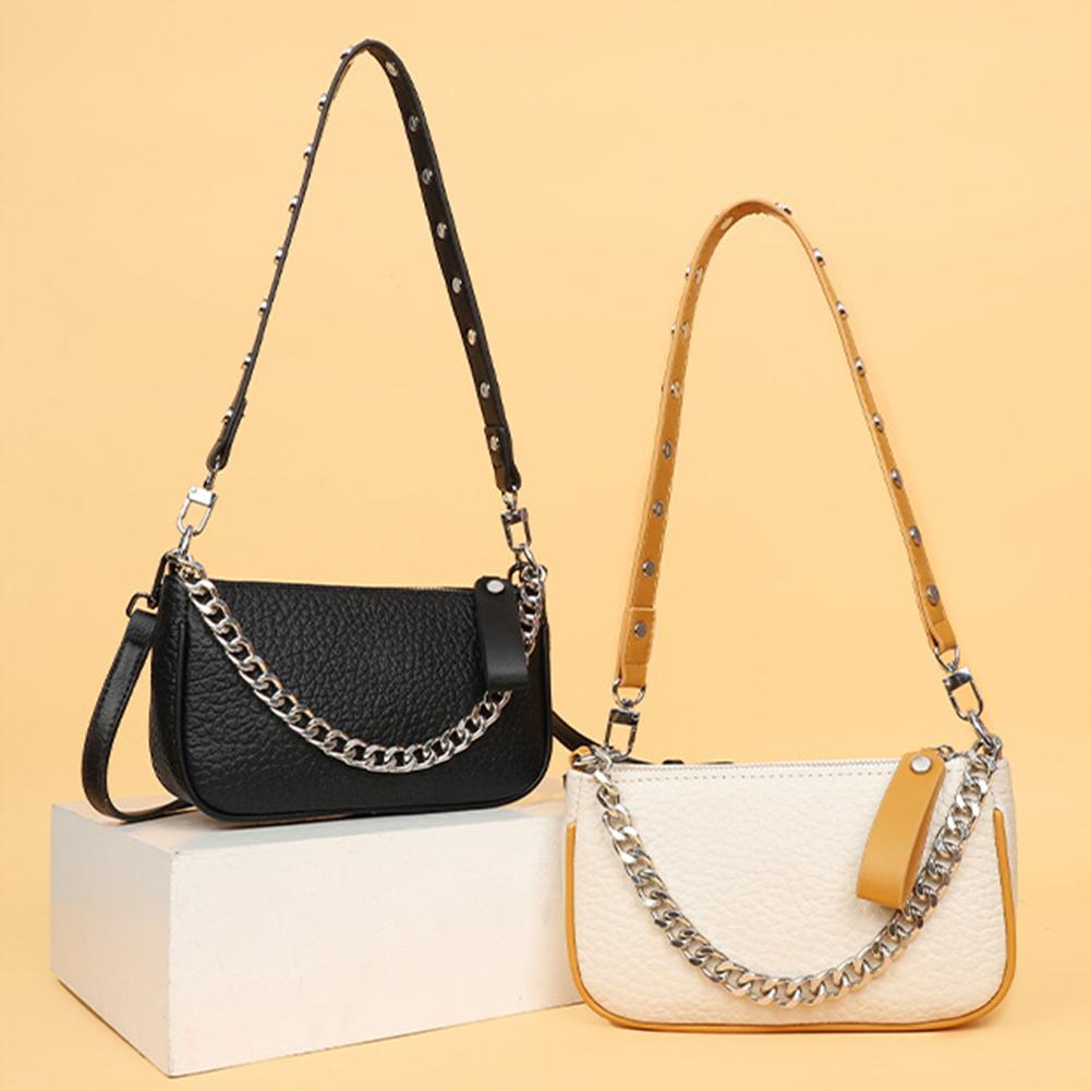 Women Genuine Leather Shoulder Bags Zip Closure Chain Decor Under The Arm Purse Vintage Y2K Handbag Trendy Purse Clutch