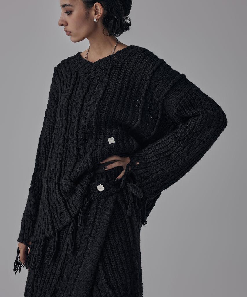 Teulimingbeodeu Wool Damage Tassel Knit Set-Up Pullover [ Black ]