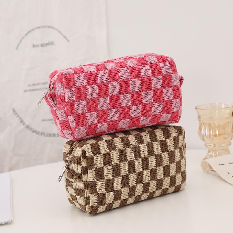 Korean Plaid Knit Makeup & Pencil Storage Bag - Large Capacity Organizer
