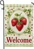 Aardbeien Tuinvlag, Zomer Vintage Bloemen Bladeren Zomer Rood Dubbelzijdig Jute Decoratieve Buiten Vlaggen voor Buiten