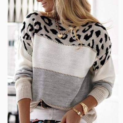 Damen Casual Leopardenmuster Strickpullover Rundhalsausschnitt Herbst Winter Warm Langarm Strickwaren Gestrickter Pullover Oberteile