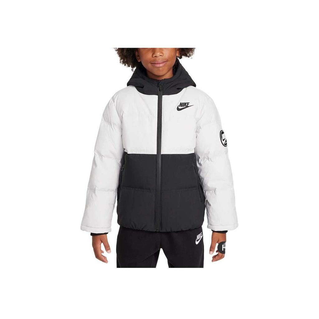 Nike Down Jacket Hooded Zipper Warm Duck Down Casual Sports Kids Jackets Black White HV7184-025