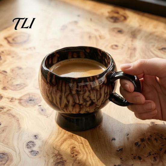 Vintage Style Afternoon Tea Mug Ceramic Coffee Mug, Reactive Glaze Latte Cup with Flow Pattern, Heat Resistant Hot Chocolate High Footed for