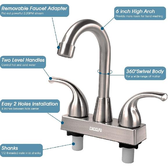 RV Bathroom Faucet, 4 Inch RV Bathroom Sink Faucet Replacement For Campers, Motorhome, Travel Trailer, Boat With Classical Lever Handles And 6-Inch