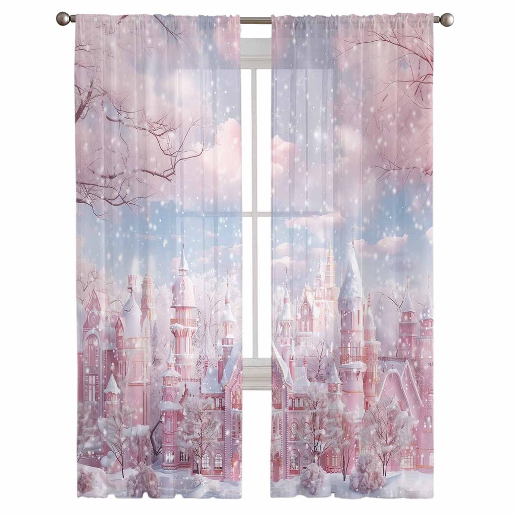 Cortinas Rosa Cena de Neve de Natal Para Sala de Estar Quarto Decoração de Casa Janela Voile Cortina de Tule Drapeados