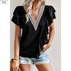DX~~Short Sleeved Shirt Women's Summer Style Commuting V-neck Ruffle Top