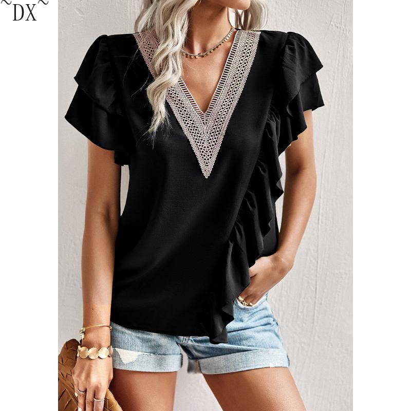 DX~~Short Sleeved Shirt Women's Summer Style Commuting V-neck Ruffle Top
