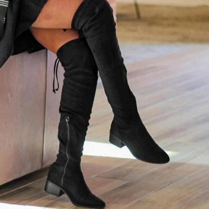 Autumn and Winter New Over-the-knee Boots Women's Elastic Mid-heel Sexy Boots Skinny Boots Back Lace-up Thick-heeled Boots