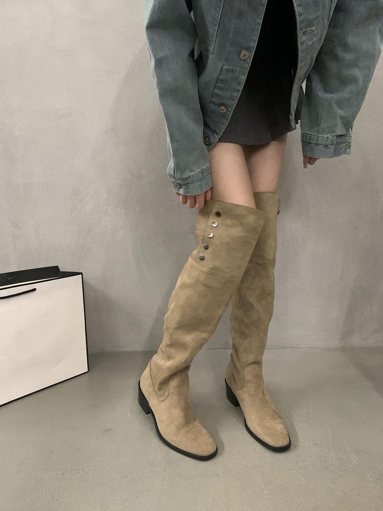 2025 New Spring and Autumn Stacking Boots Small Long Boots Wrinkled and Thin Suede Thick Heel Long Tube Two Wear Knight Boots
