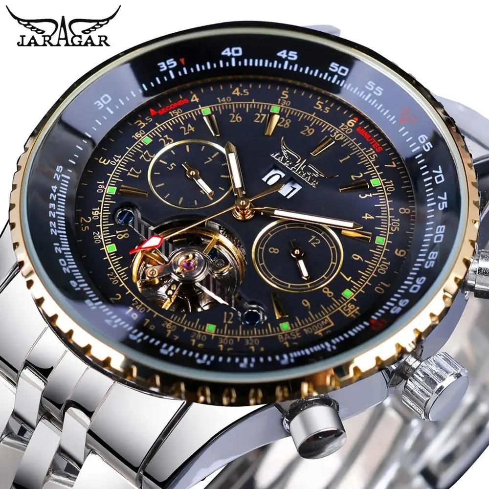 

Forsining Top Brand Retro Blue Automatic Multifunctional Watch Stainless Steel Date Tourbillon Hollow Skeleton Watch Men Watch чорний/золотий