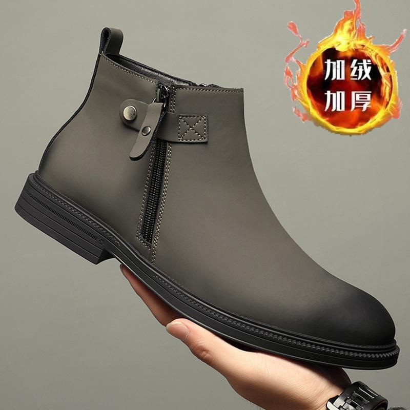 Chelsea Leather Boots Men's 2025 Autumn and Winter New Fleece Thickened Cotton Shoes Youth Medium and High Top Men's Martin Boots Tide