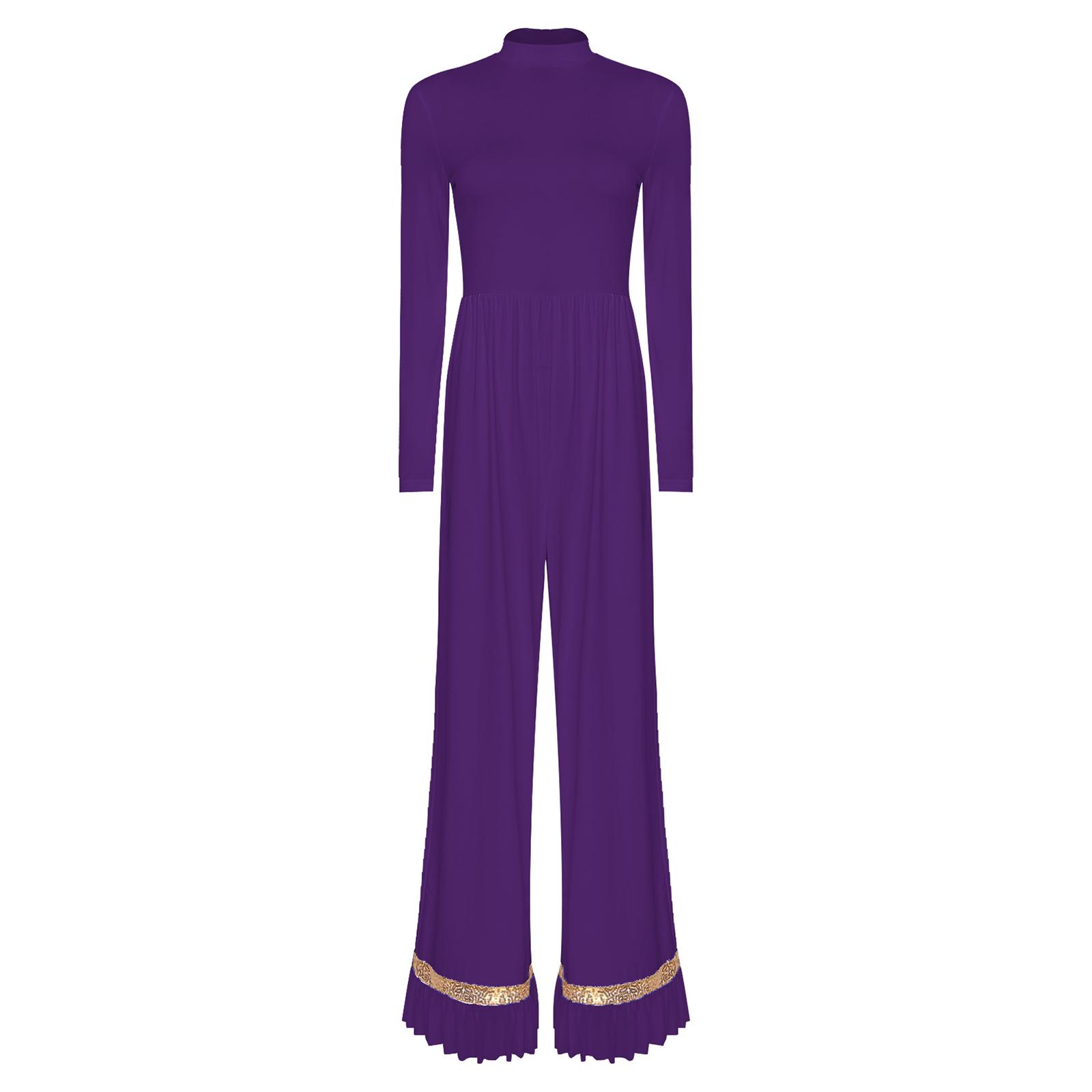 

Жіночий комбінезон для танцю поклоніння з довгим рукавом, застібкою-блискавкою ззаду, блискучими паєтками, оборками з сітки, широкими штанинами, комбінезон S фіолетовий