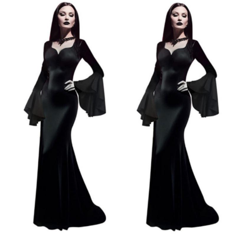 Halloween Morticia Addams Vintage Gotisk Lang Sort Kjole