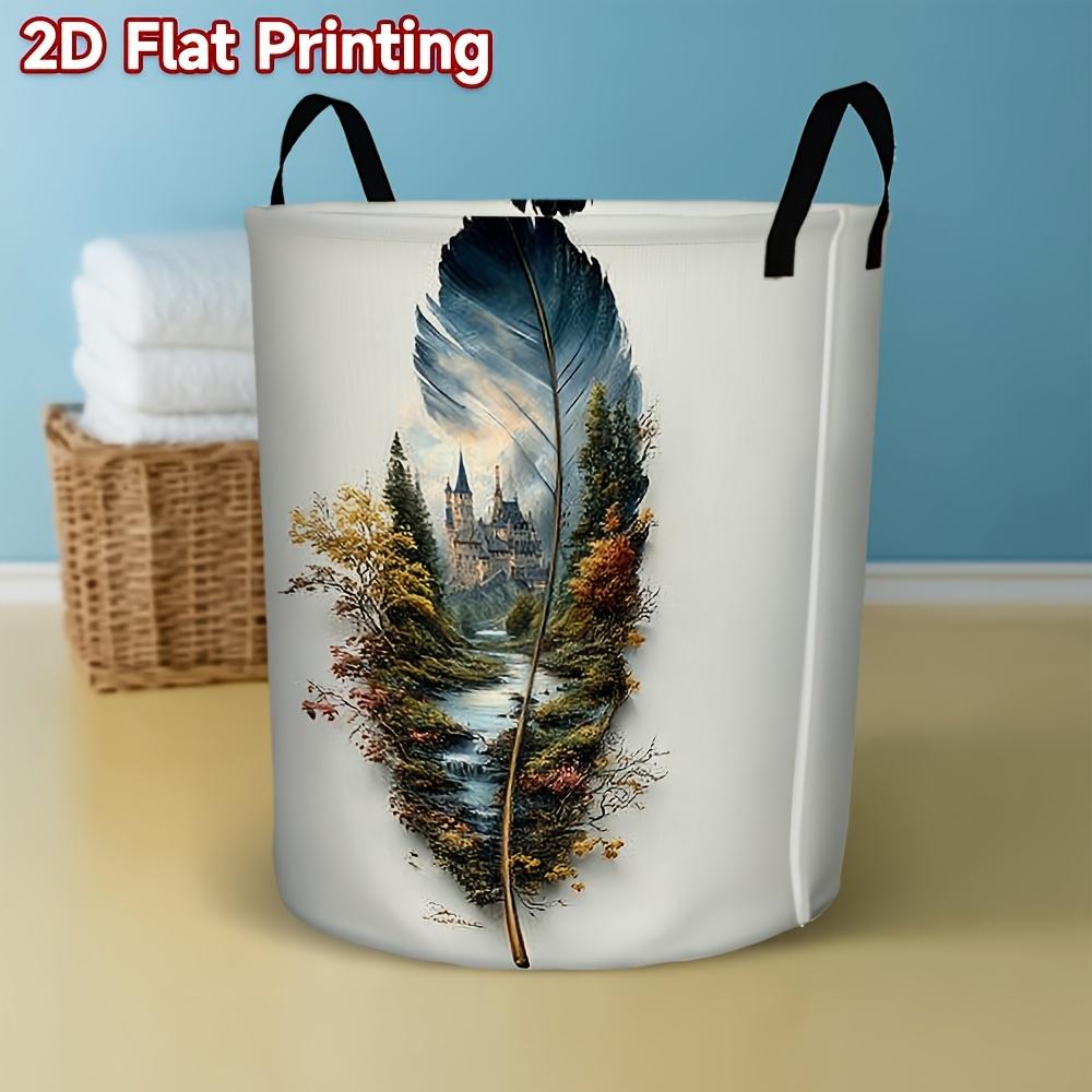 1pc, 2D Flat Printed Laundry Basket with Feathers Featuring Castle and River Views, Foldable to Save Space, Easy to Clean, Portable, Suitable for Vari