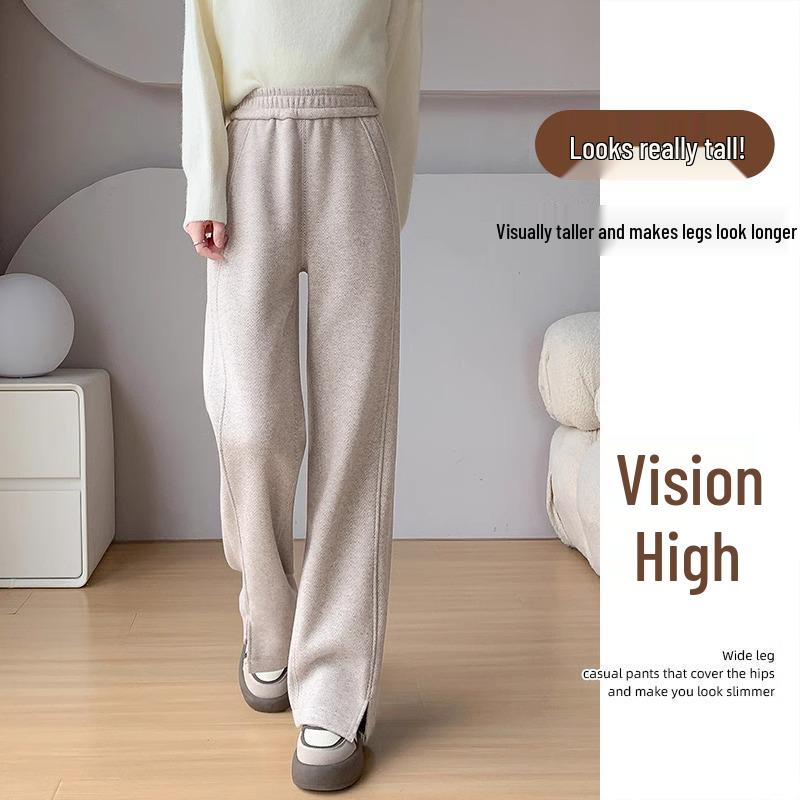 Women's High-Waist Woolen Pants - Fleece Lined, Wide-Leg, Slim Fit, Herringbone Pattern - Plus Size, Autumn/Winter 2024